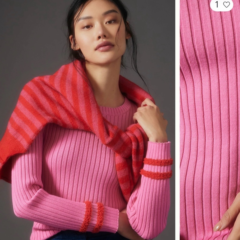 English Factory Pink Ribbed Crewneck Sweater with Red-Striped Accent Scarf